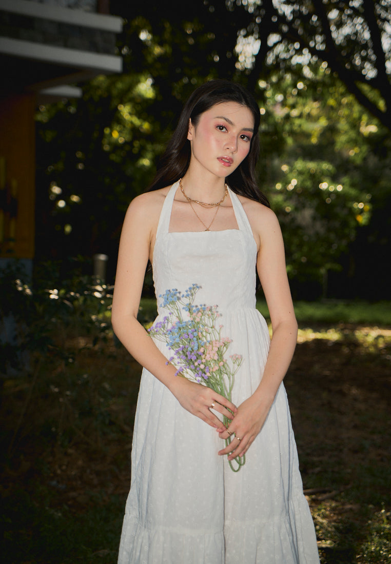 Ziska White Floral Embroided Halter Midi Mermaid Dress