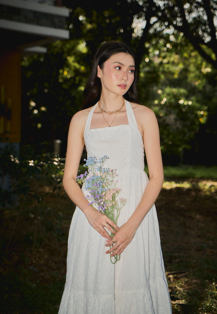 Ziska White Floral Embroided Halter Midi Mermaid Dress