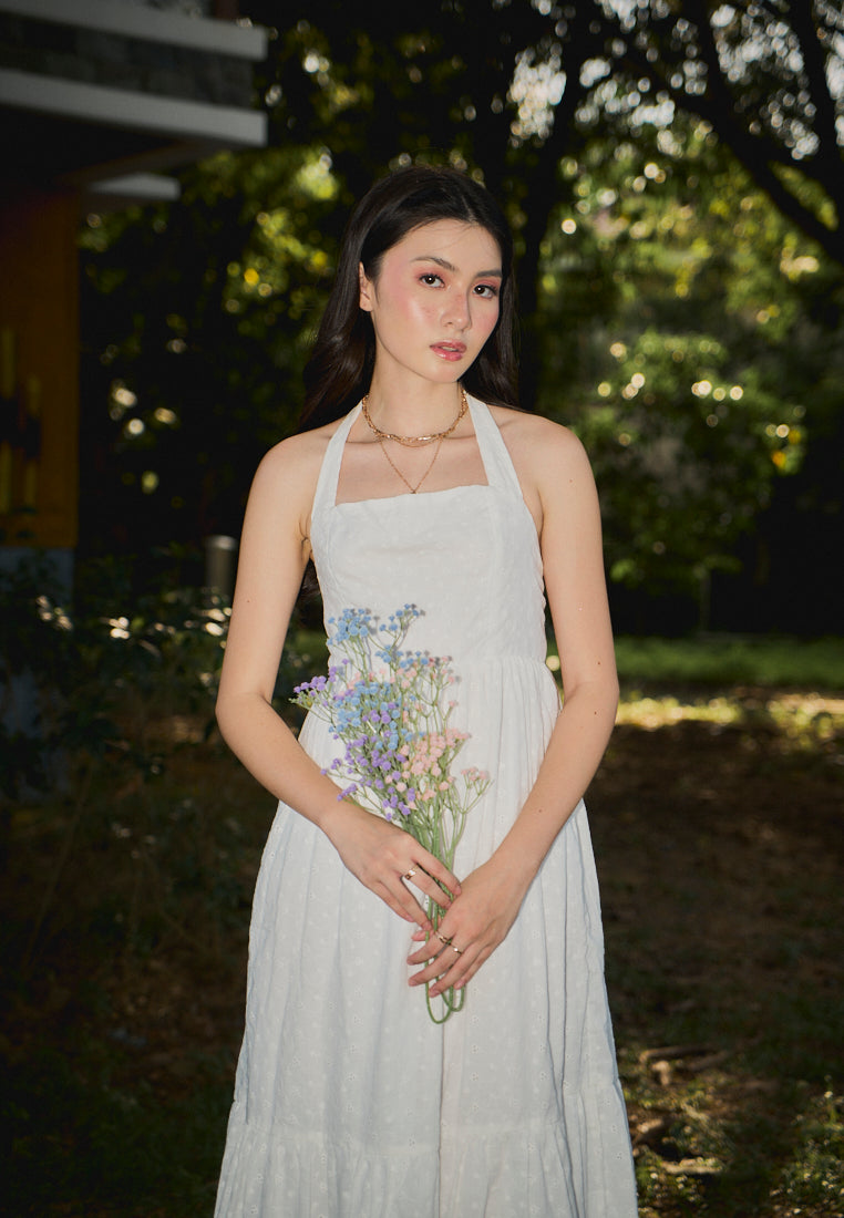 Ziska White Floral Embroided Halter Midi Mermaid Dress
