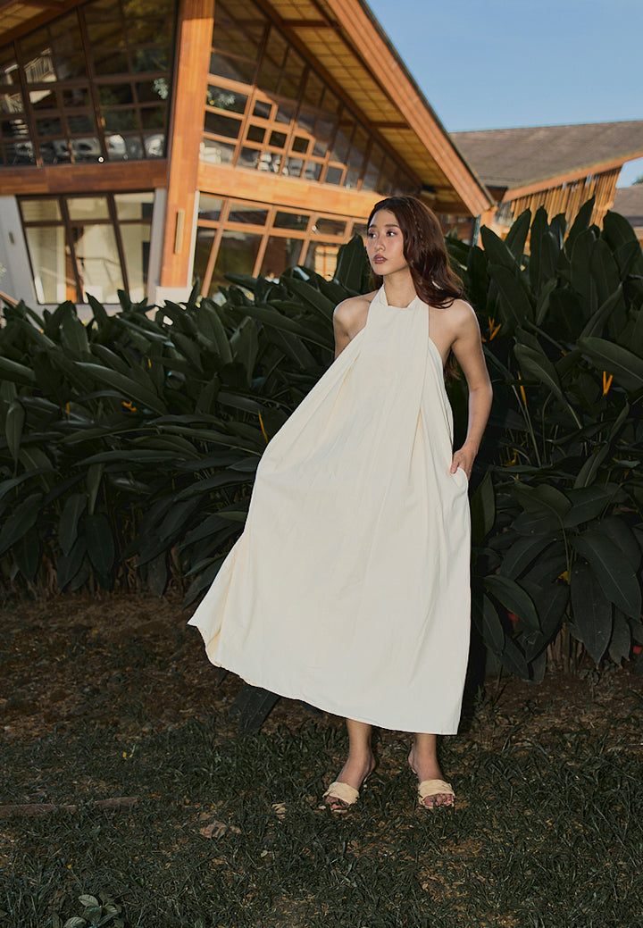 Amelia Beige Halter Self Tie Front Slit Midi Tent Dress