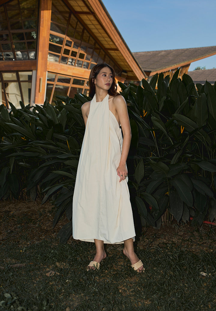 Amelia Beige Halter Self Tie Front Slit Midi Tent Dress