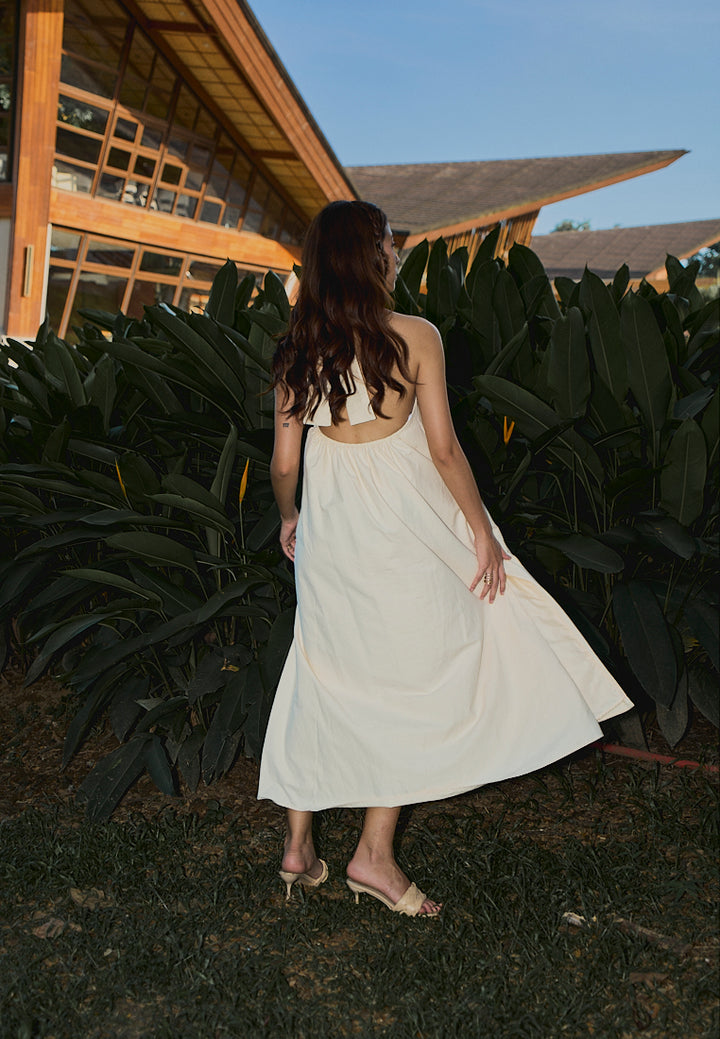 Amelia Beige Halter Self Tie Front Slit Midi Tent Dress
