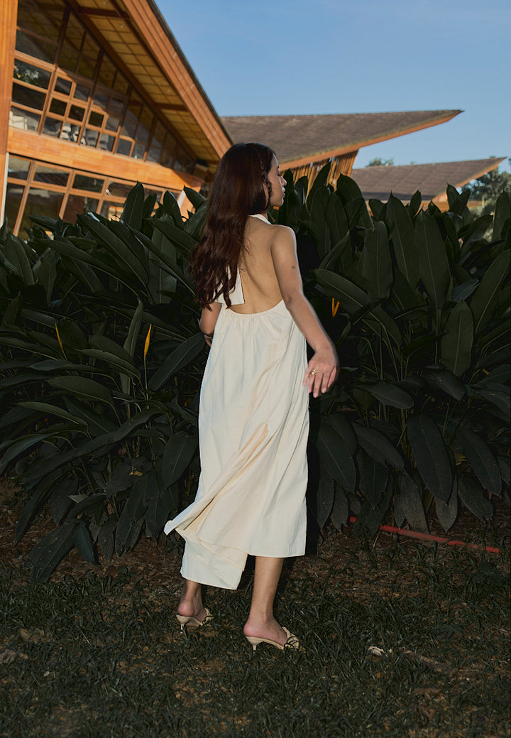 Amelia Beige Halter Self Tie Front Slit Midi Tent Dress