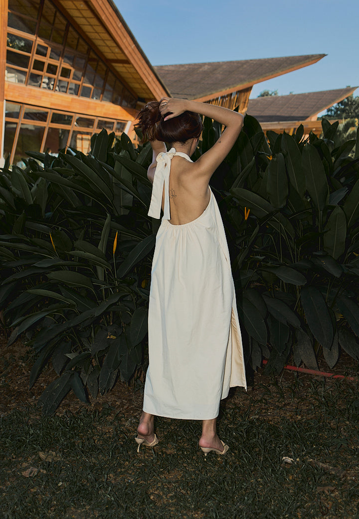 Amelia Beige Halter Self Tie Front Slit Midi Tent Dress