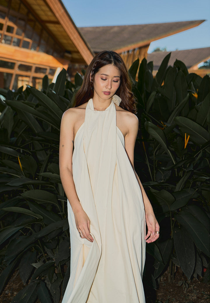 Amelia Beige Halter Self Tie Front Slit Midi Tent Dress