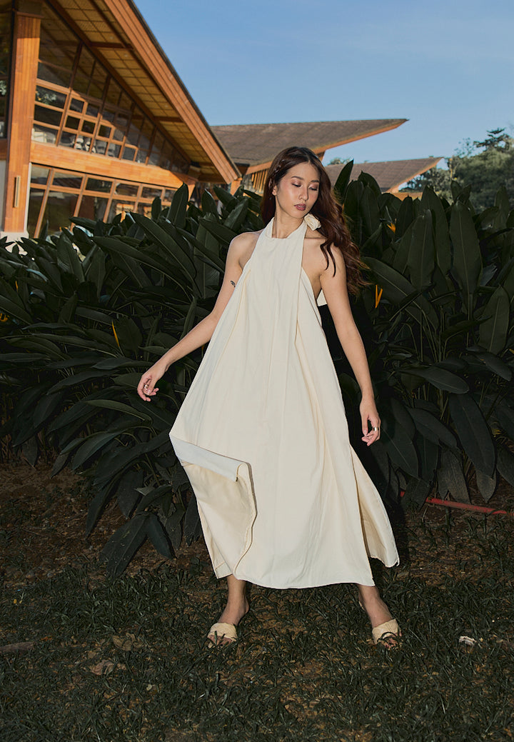 Amelia Beige Halter Self Tie Front Slit Midi Tent Dress