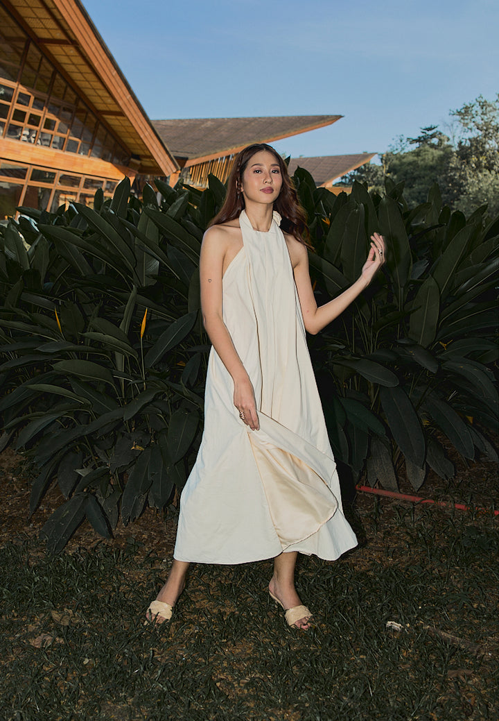 Amelia Beige Halter Self Tie Front Slit Midi Tent Dress