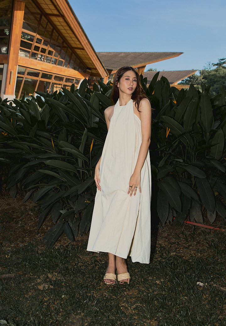 Amelia Beige Halter Self Tie Front Slit Midi Tent Dress