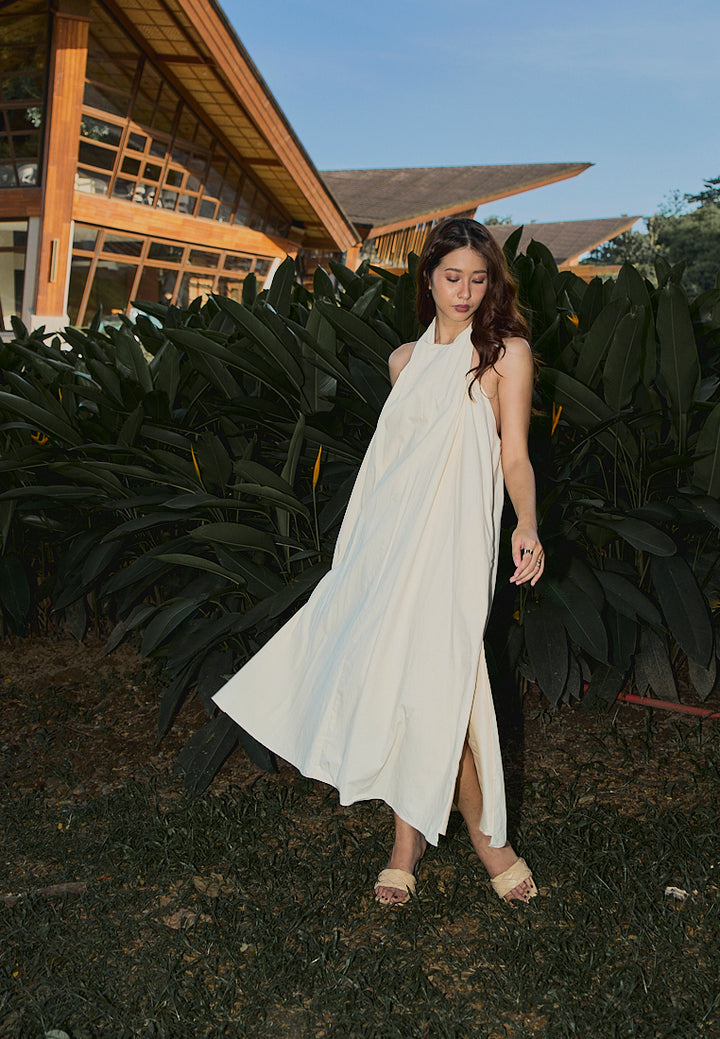 Amelia Beige Halter Self Tie Front Slit Midi Tent Dress