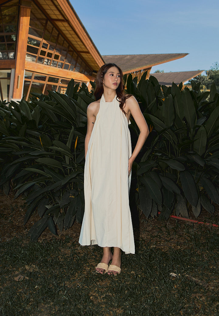 Amelia Beige Halter Self Tie Front Slit Midi Tent Dress