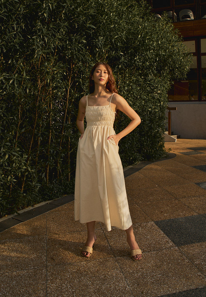 Richeza Beige Smocked Back Strappy Detail Midi Dress