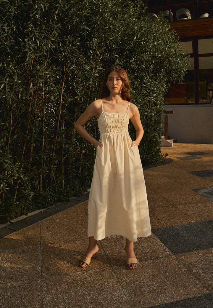 Richeza Beige Smocked Back Strappy Detail Midi Dress