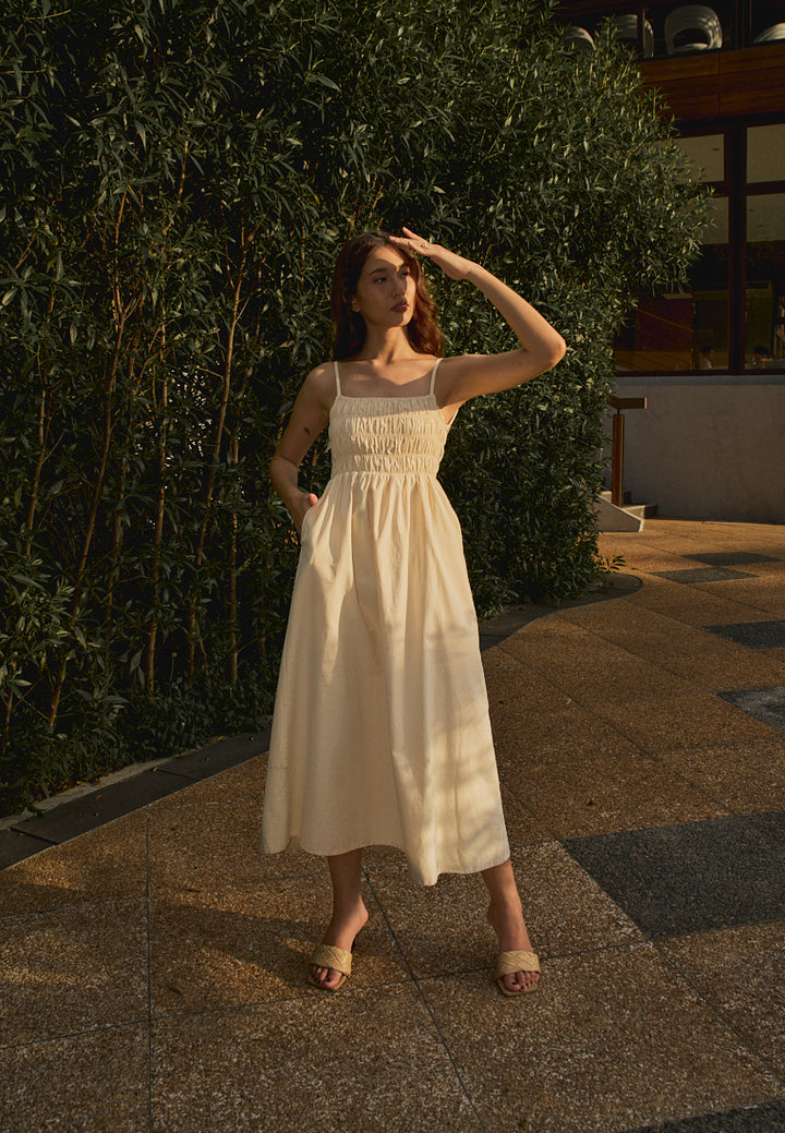 Richeza Beige Smocked Back Strappy Detail Midi Dress