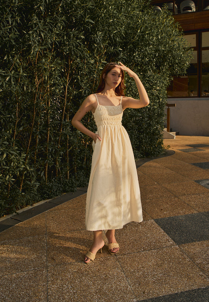 Richeza Beige Smocked Back Strappy Detail Midi Dress