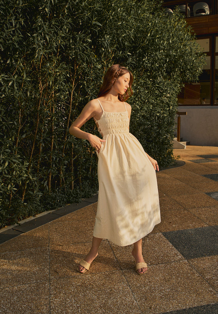 Richeza Beige Smocked Back Strappy Detail Midi Dress