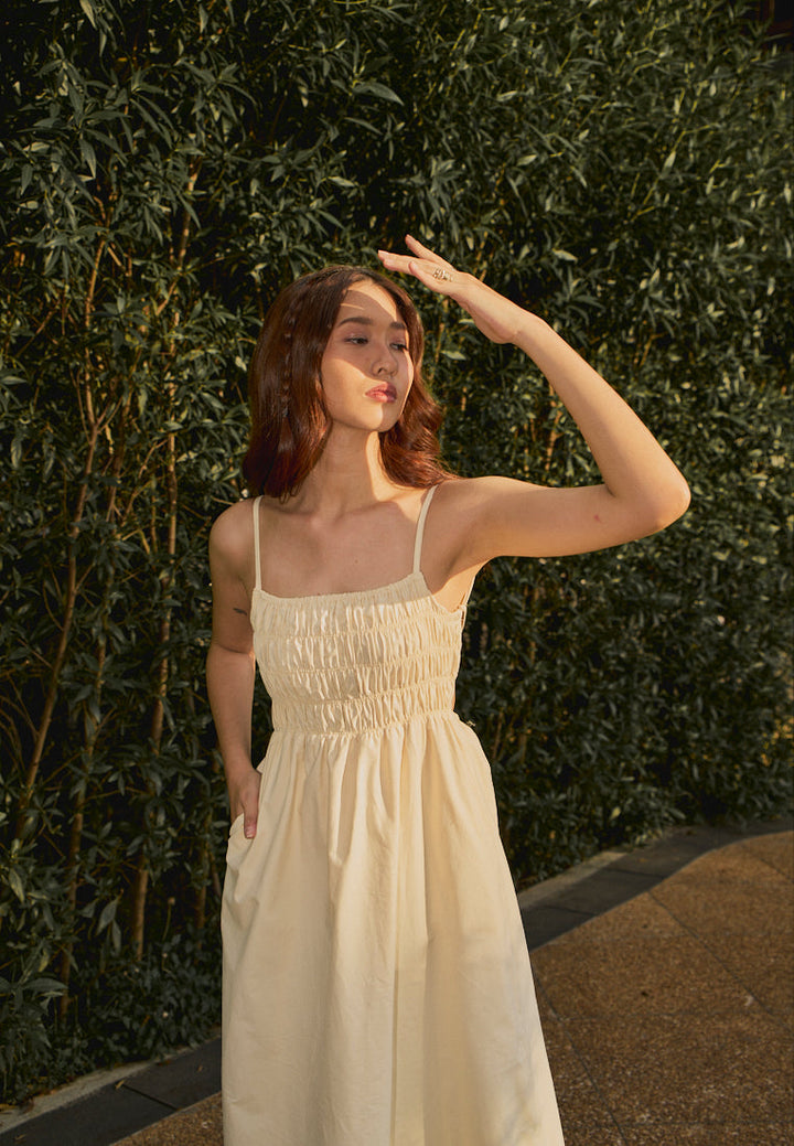 Richeza Beige Smocked Back Strappy Detail Midi Dress