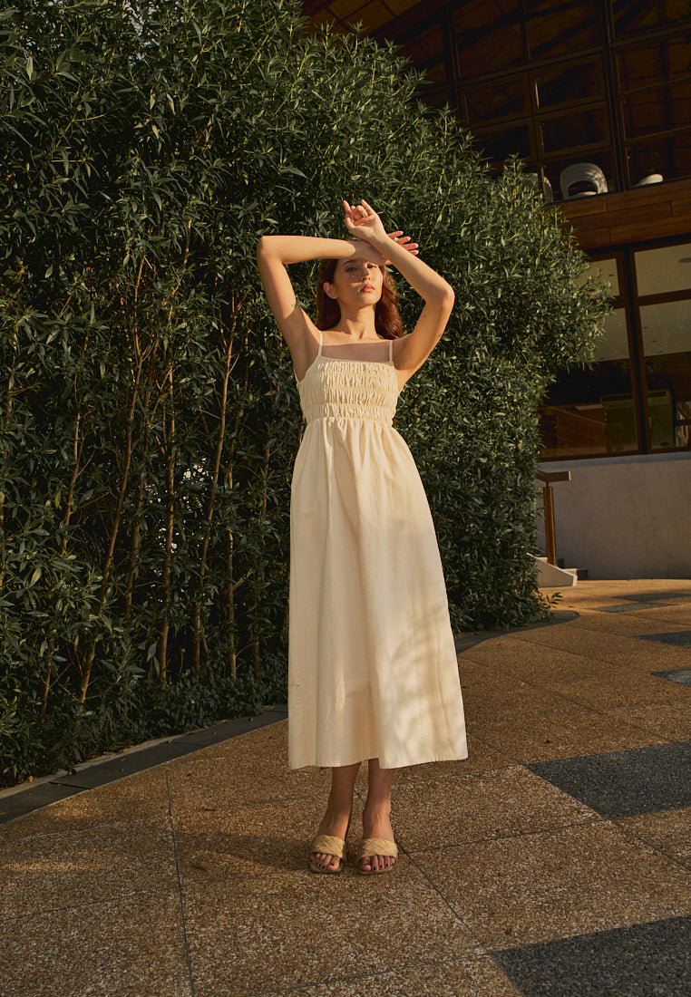 Richeza Beige Smocked Back Strappy Detail Midi Dress