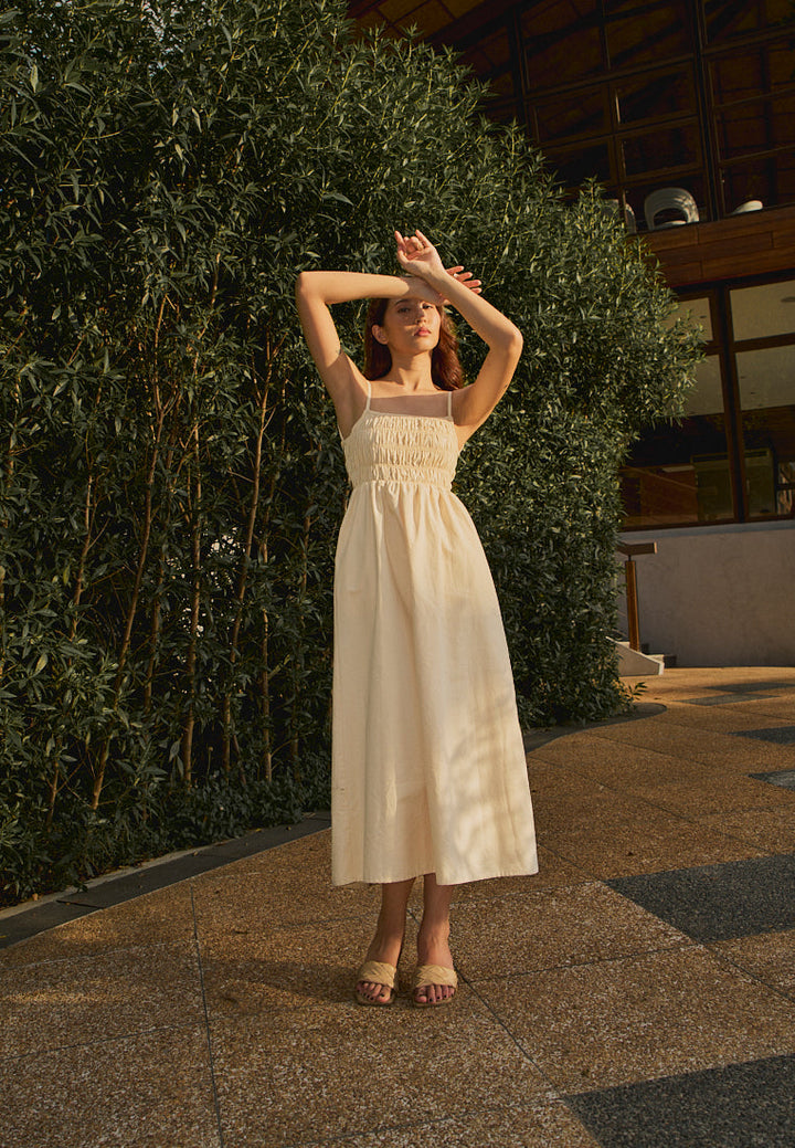 Richeza Beige Smocked Back Strappy Detail Midi Dress