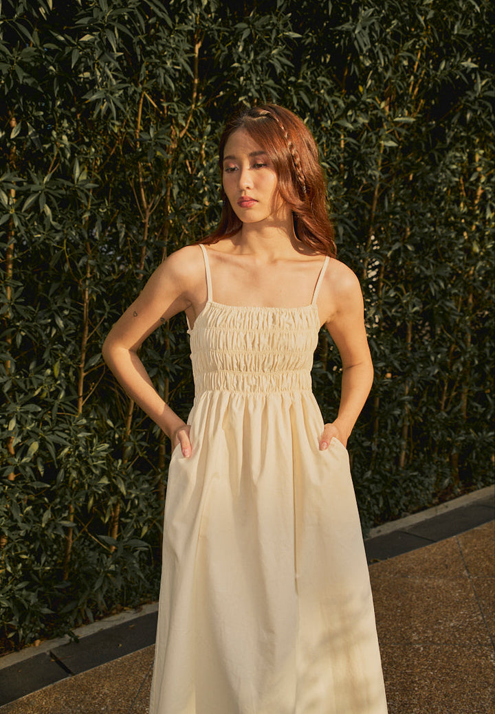 Richeza Beige Smocked Back Strappy Detail Midi Dress