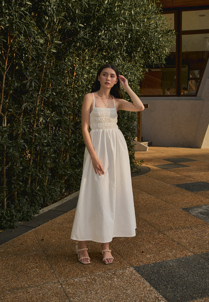 Richeza White Smocked Back Strappy Detail Midi Dress