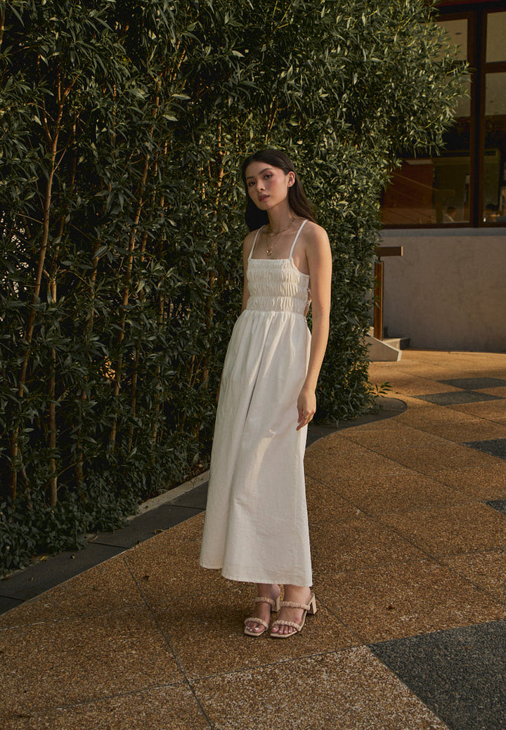 Richeza White Smocked Back Strappy Detail Midi Dress