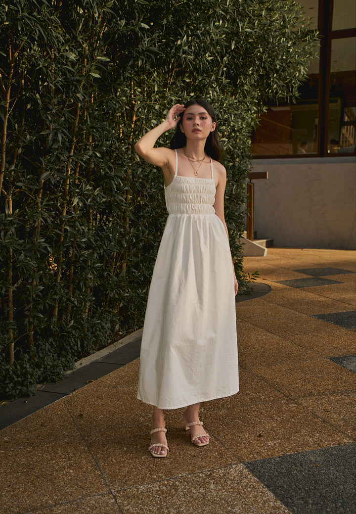 Richeza White Smocked Back Strappy Detail Midi Dress