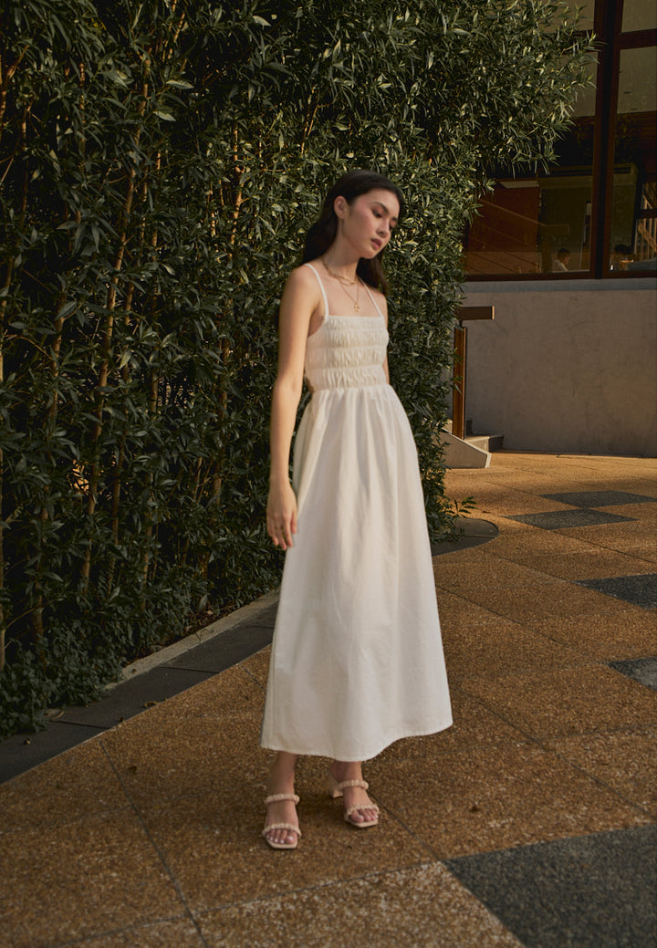 Richeza White Smocked Back Strappy Detail Midi Dress