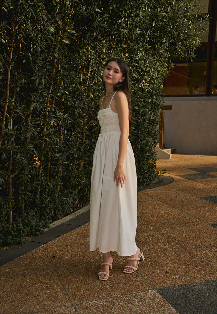 Richeza White Smocked Back Strappy Detail Midi Dress
