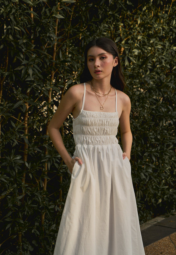 Richeza White Smocked Back Strappy Detail Midi Dress