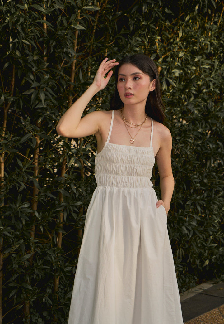 Richeza White Smocked Back Strappy Detail Midi Dress