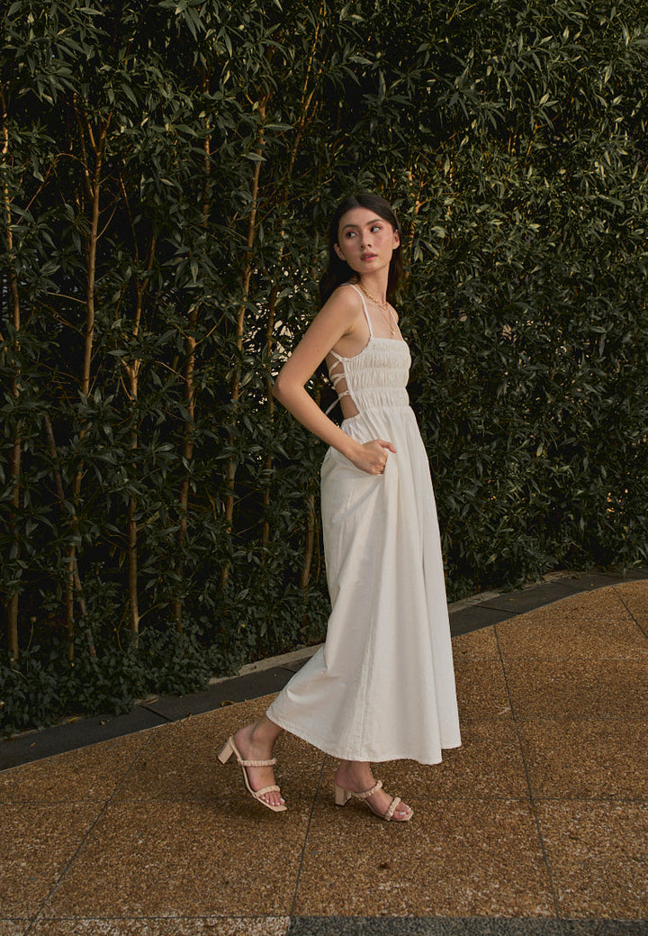 Richeza White Smocked Back Strappy Detail Midi Dress