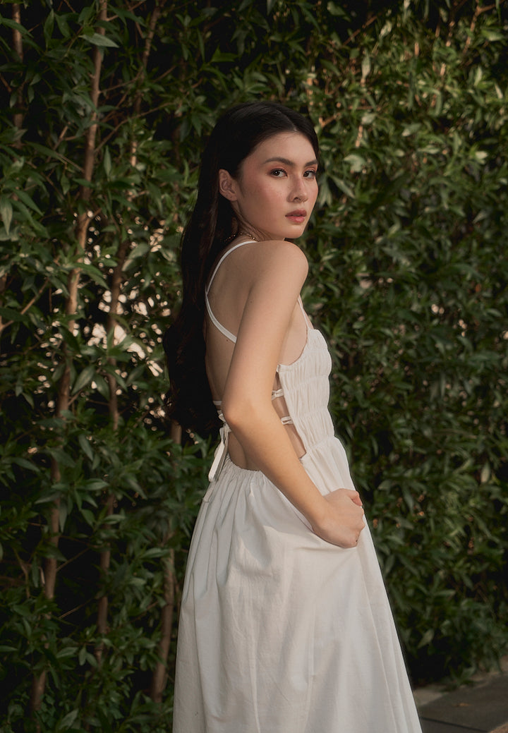 Richeza White Smocked Back Strappy Detail Midi Dress