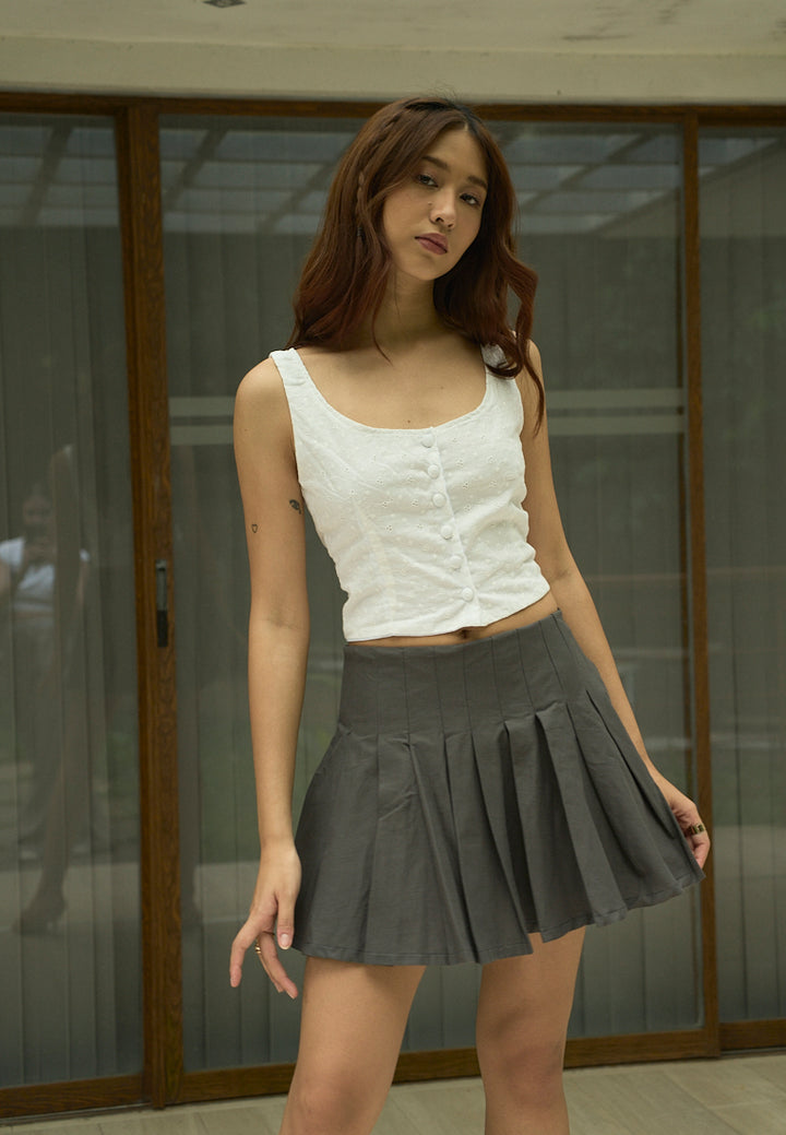 Martini White Floral Embroided Square Colar Button Closure Crop Tank Top