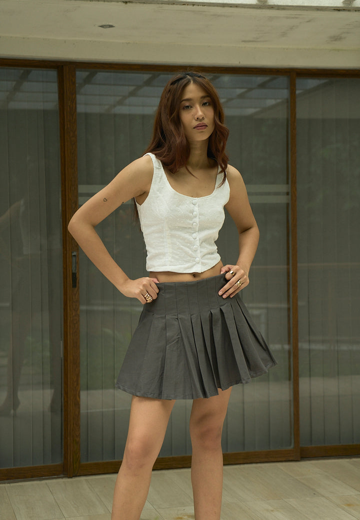 Verity Black Charcoal Zipper Fly Elastic Waist Pleated Mini Skirt
