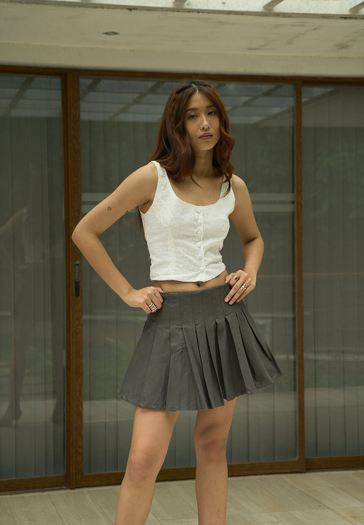 Verity Black Charcoal Zipper Fly Elastic Waist Pleated Mini Skirt