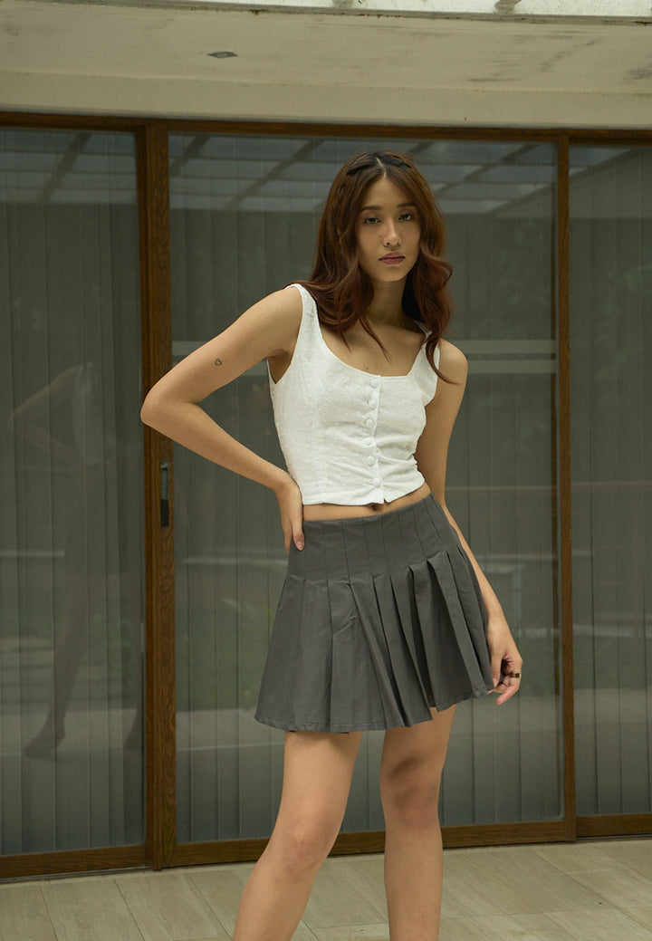 Verity Black Charcoal Zipper Fly Elastic Waist Pleated Mini Skirt