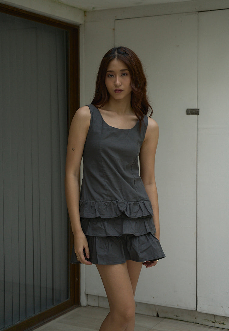 Irma Black Charcoal Pleated Tiered Mini Dress