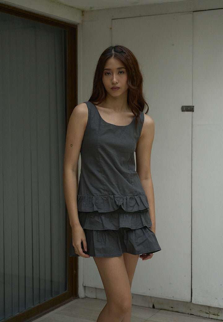 Irma Black Charcoal Pleated Tiered Mini Dress