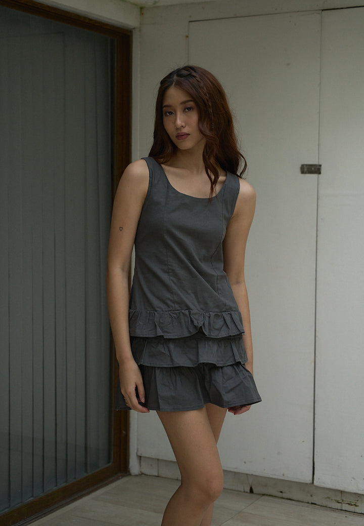 Irma Black Charcoal Pleated Tiered Mini Dress