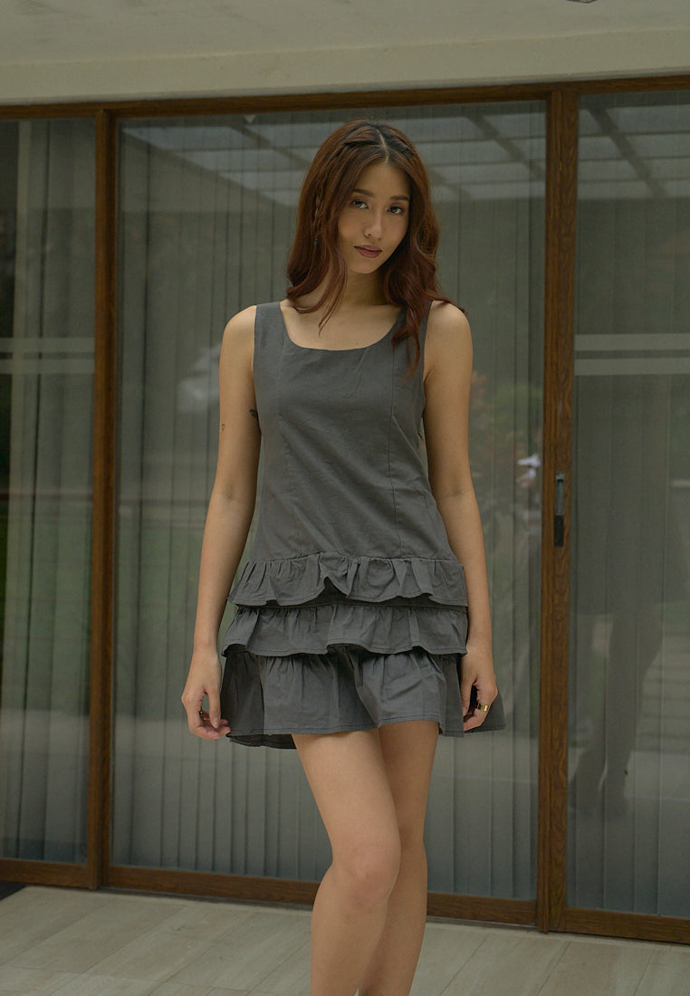 Irma Black Charcoal Pleated Tiered Mini Dress