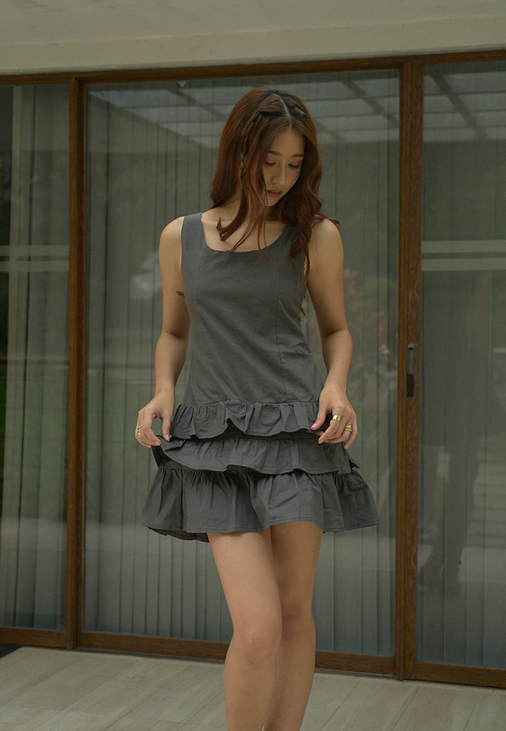 Irma Black Charcoal Pleated Tiered Mini Dress