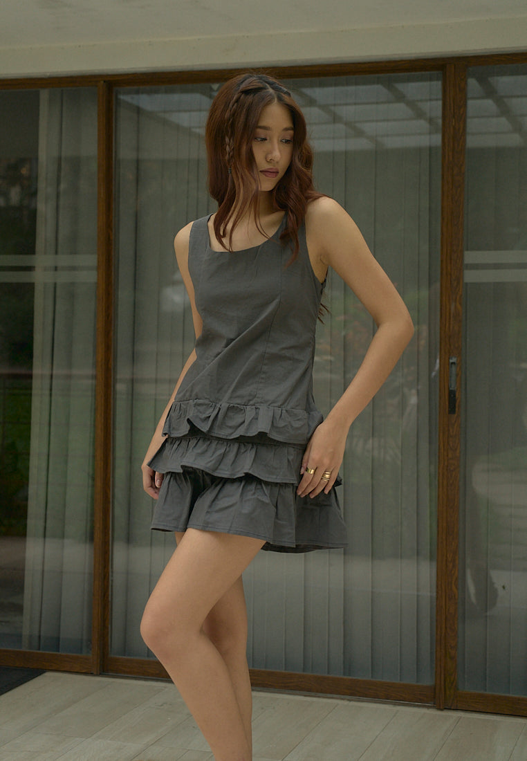 Irma Black Charcoal Pleated Tiered Mini Dress