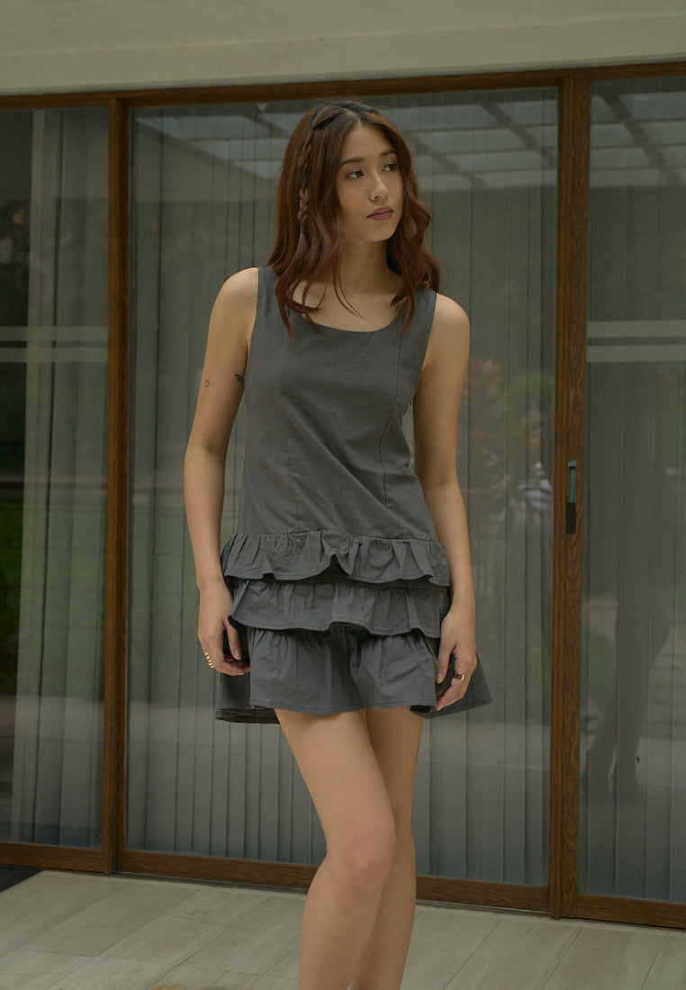 Irma Black Charcoal Pleated Tiered Mini Dress