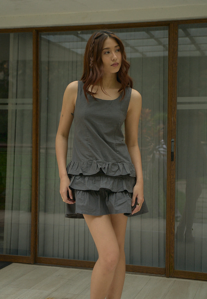 Irma Black Charcoal Pleated Tiered Mini Dress