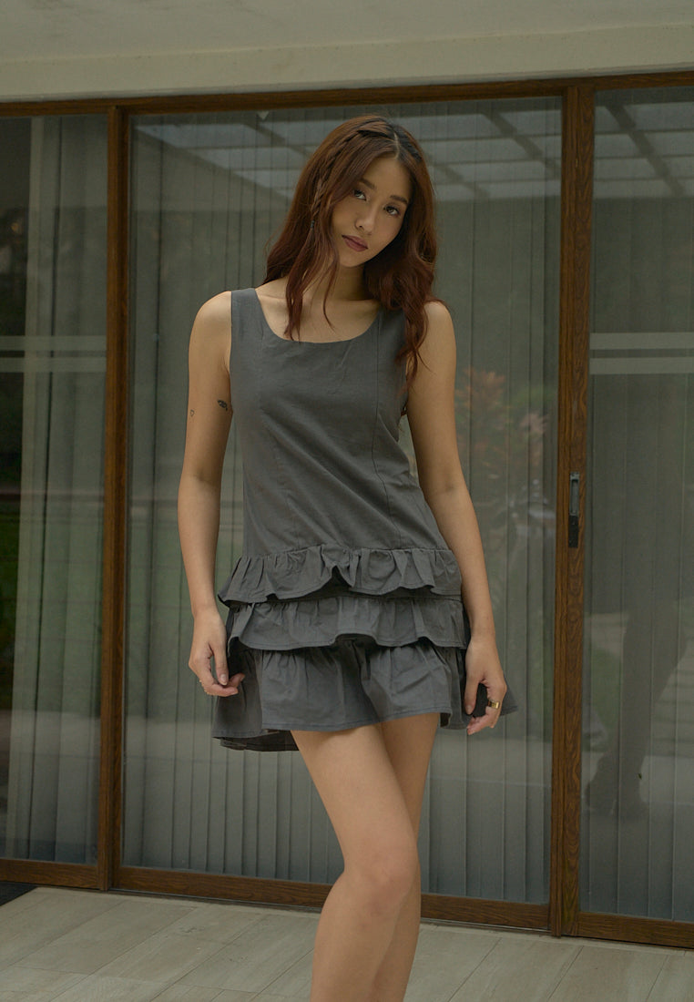 Irma Black Charcoal Pleated Tiered Mini Dress