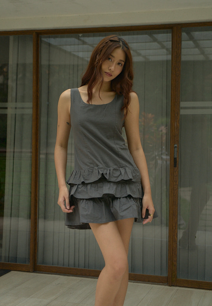Irma Black Charcoal Pleated Tiered Mini Dress