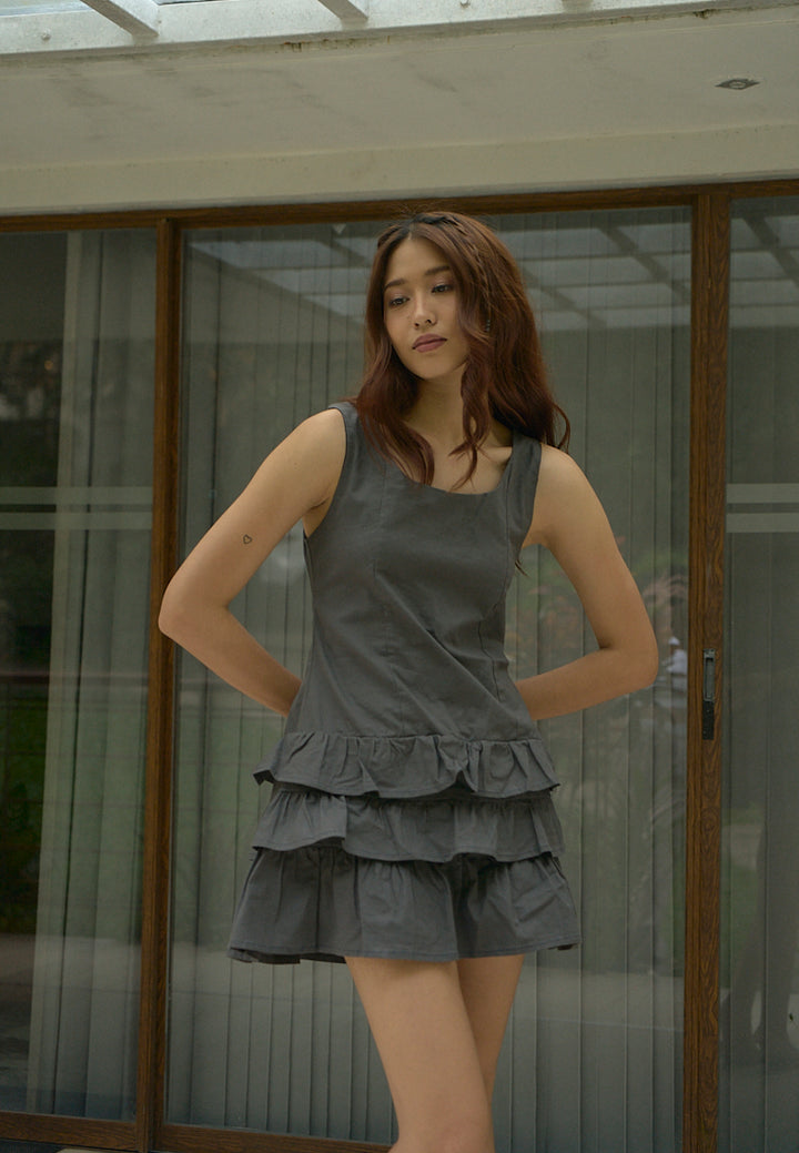 Irma Black Charcoal Pleated Tiered Mini Dress