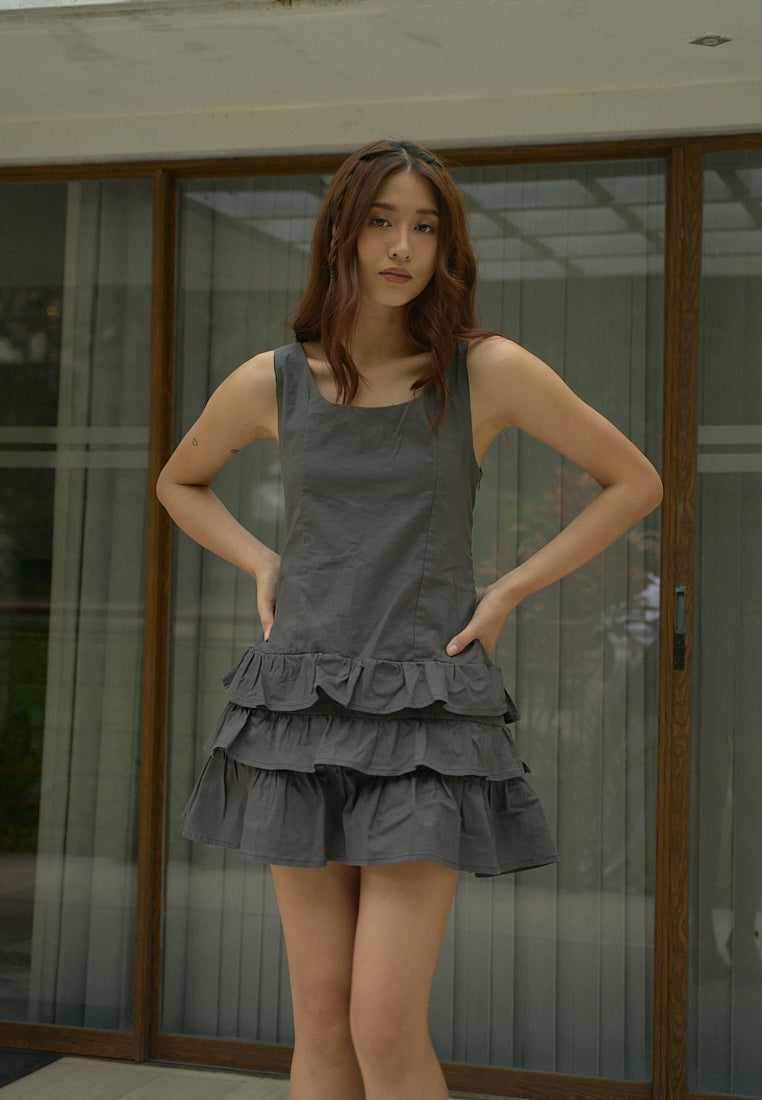 Irma Black Charcoal Pleated Tiered Mini Dress