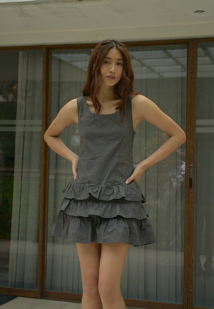 Irma Black Charcoal Pleated Tiered Mini Dress