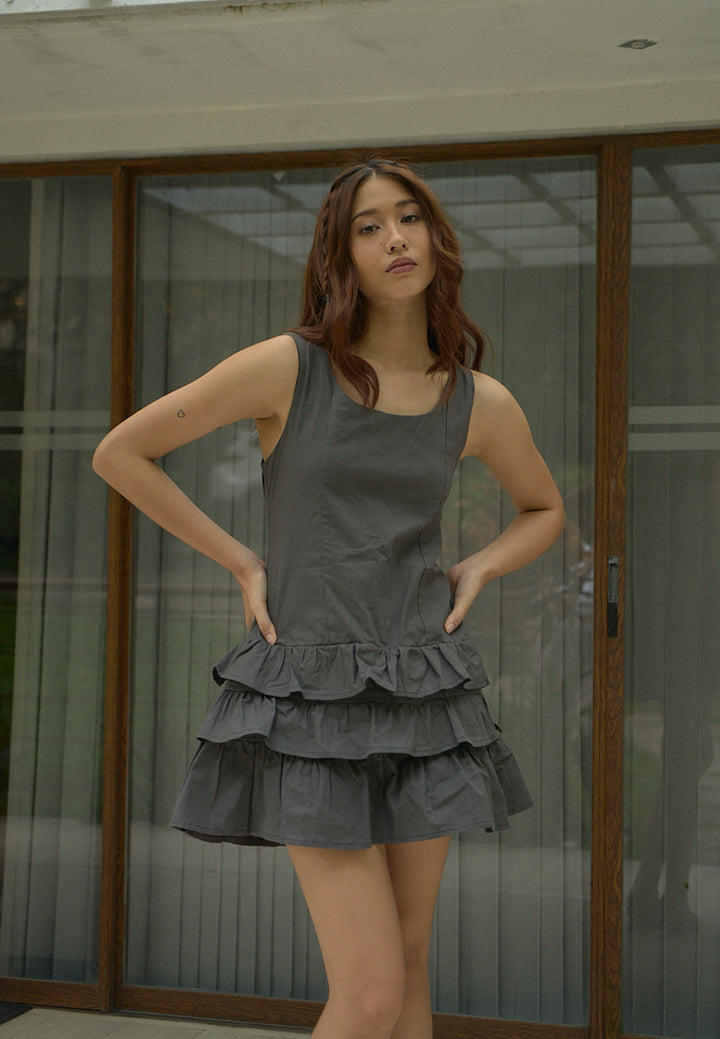 Irma Black Charcoal Pleated Tiered Mini Dress
